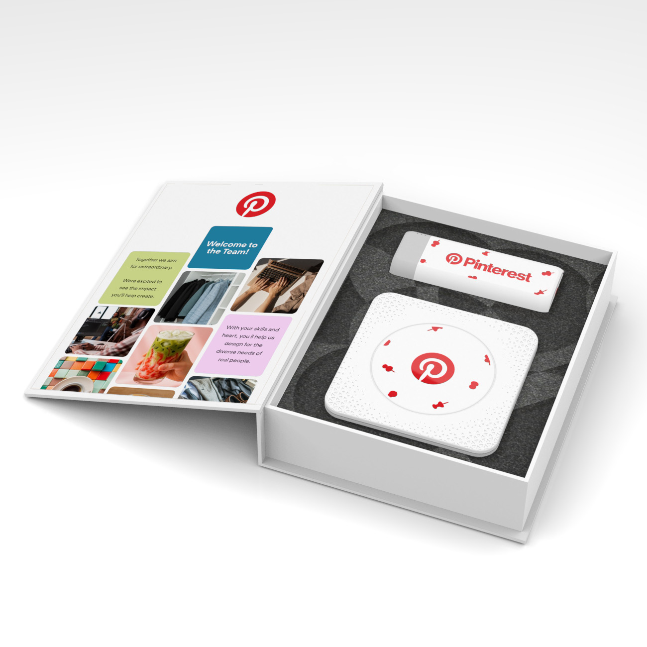 Pinterest welcome kit with etched foam insert